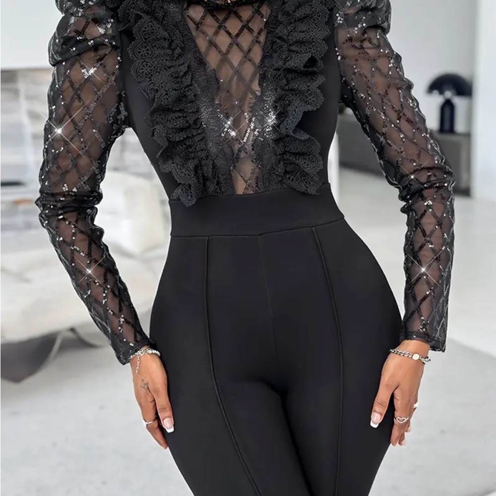 Chic Black Sheer Sleeve Jumpsuit